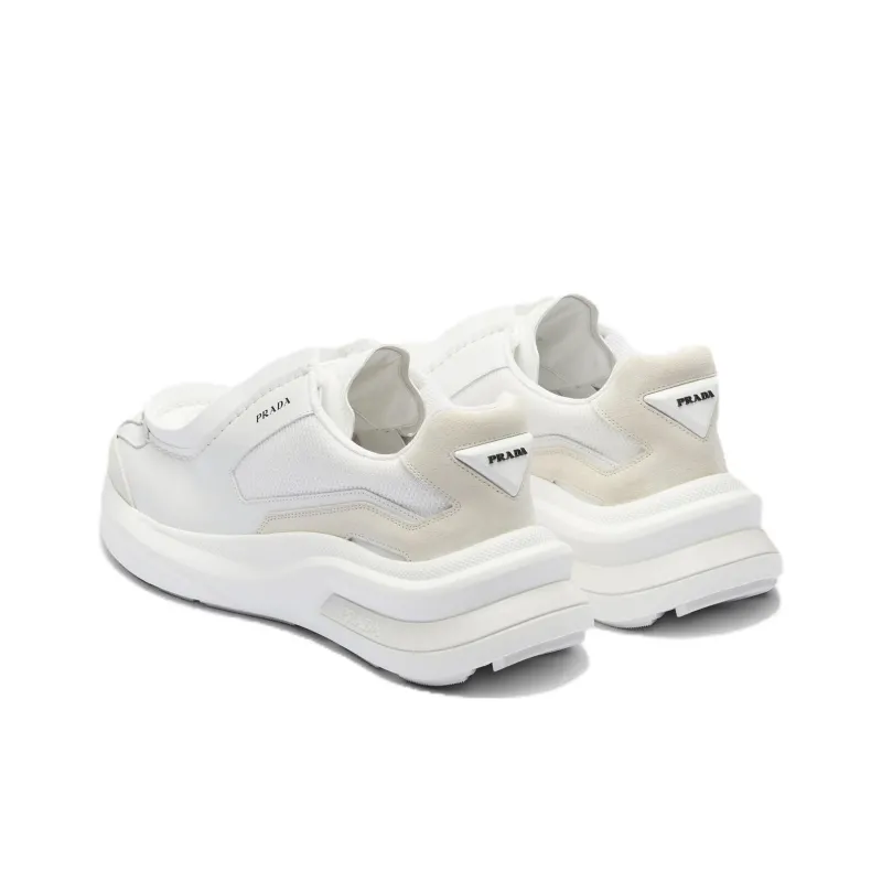 PRADA Brushed Leather Sneakers Bike Fabric Suede White-3