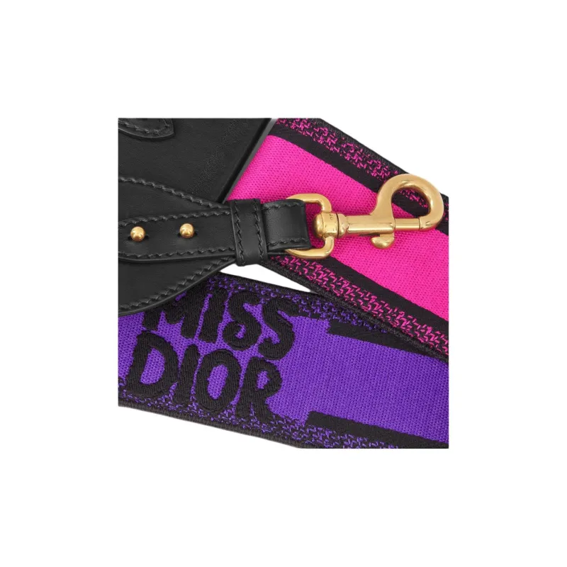 DIOR Miss Dior Embroidered Cow Leather Patchwork Shoulder Strap Bag Straps Women's Fuchsia & Black-2