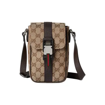 GUCCI Canvas With Leather Crossbody Bag, Shoulder Bag Mini Men's Beige & Ebony
