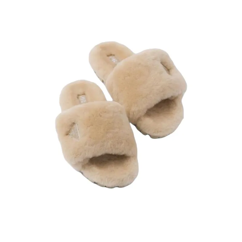 PRADA Triangle-logo Shearling Slides-4