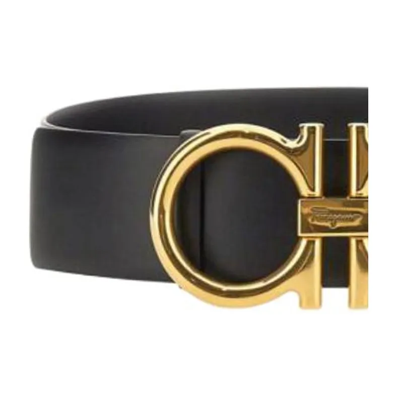 FERRAGAMO Brand Logo Calfskin Leather Belts Women's Black Width 5.8CM-2
