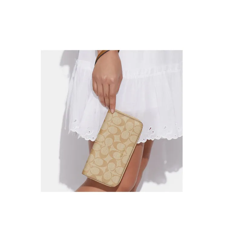 COACH Zip Around Canvas With Leather Clutch Wallet Trumpets Women's Khaki-4