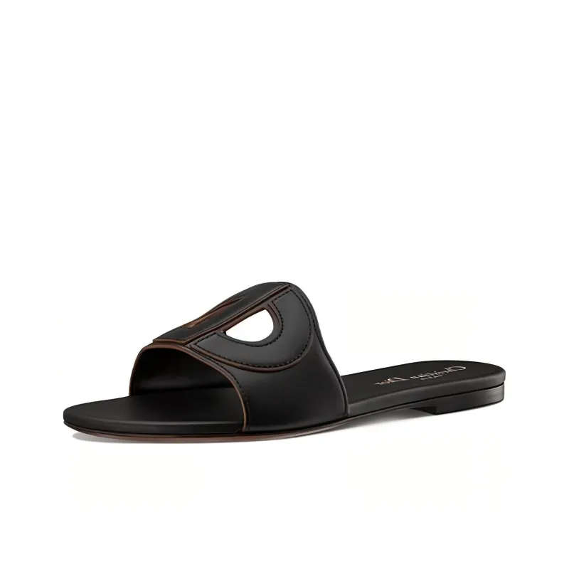 DIOR D Club Genuine Leather Sole Odor Resistant Slide Slippers Women's Black-3