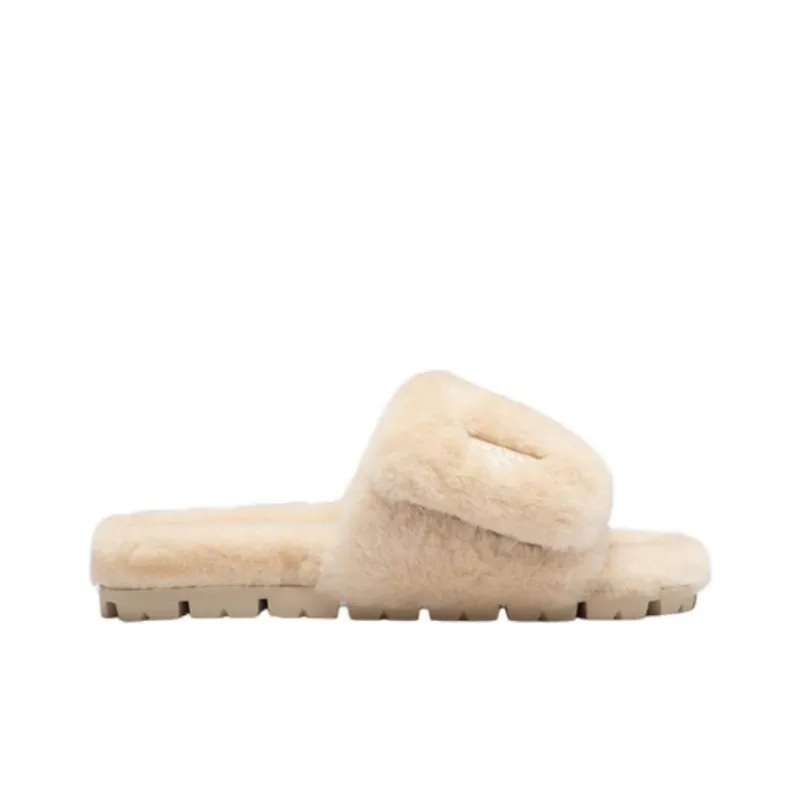 PRADA Triangle-logo Shearling Slides-1