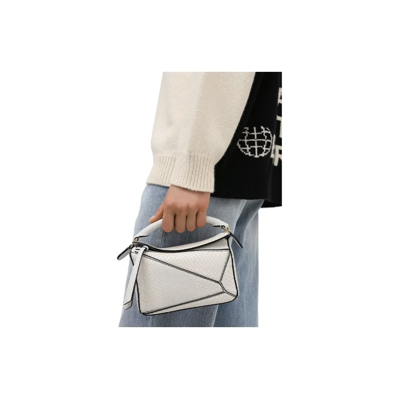 LOEWE Puzzle Snake Skin Puzzle Bag, Shoulder Bag, Crossbody Bag, Handbag Small Size Women's White-6