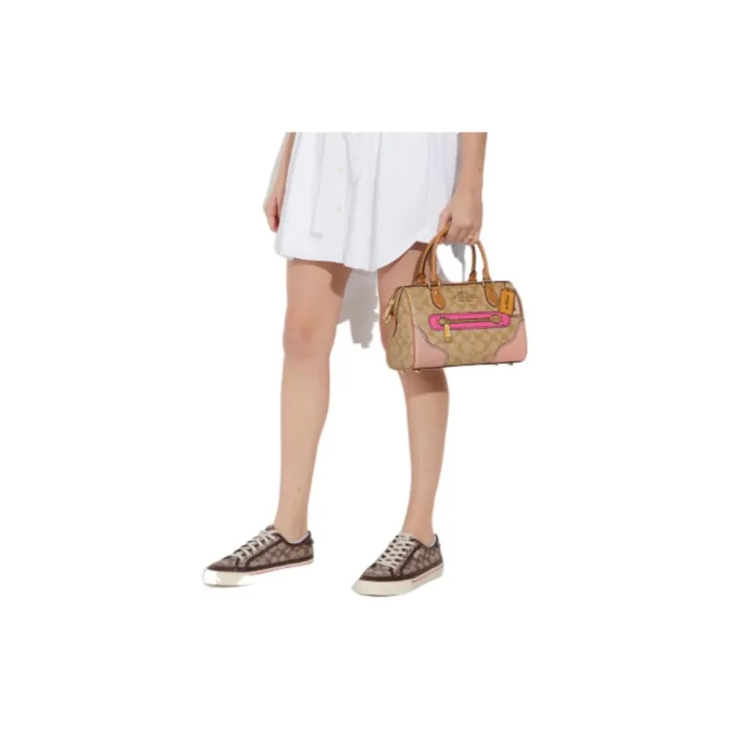 COACH Rowan Leather Boston Bag, One Shoulder Handbag Medium Size Women's Khaki-4