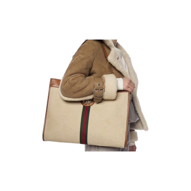 GUCCI Canvas With Leather Canvas Bag Tote, Chain One Shoulder Handbag Large Size Unisex Beige/Brown-4
