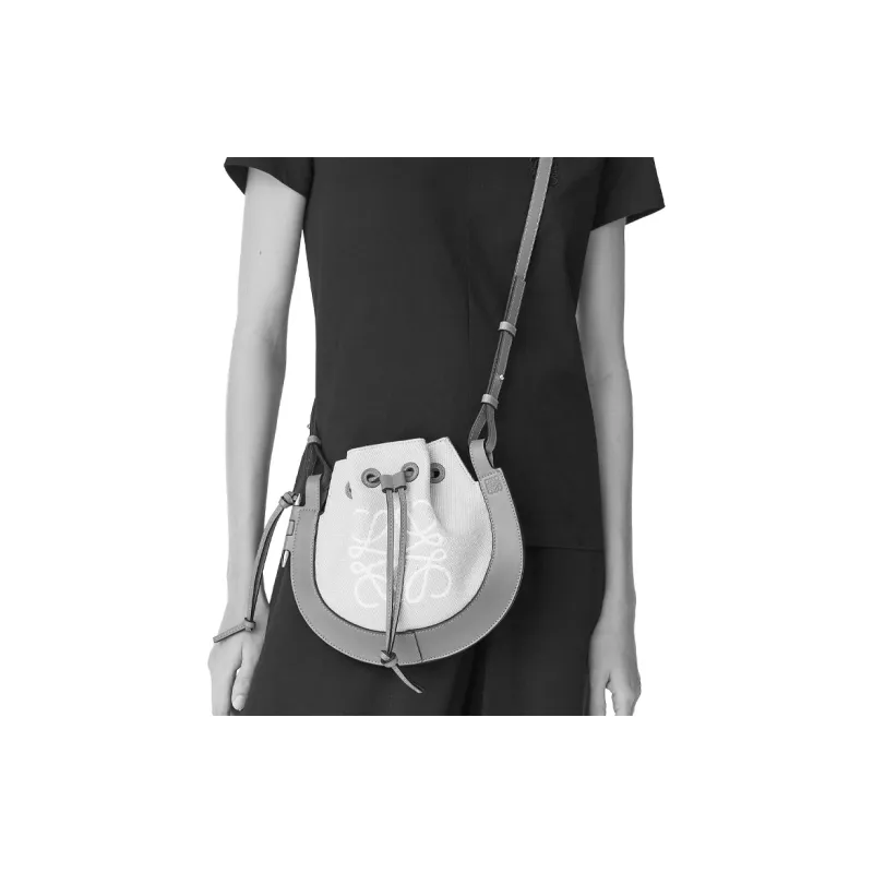 LOEWE Cowhide Patchwork Canvas Frisbee Bag Crossbody Bag Shoulder Bag Small Size Women's Brown-4