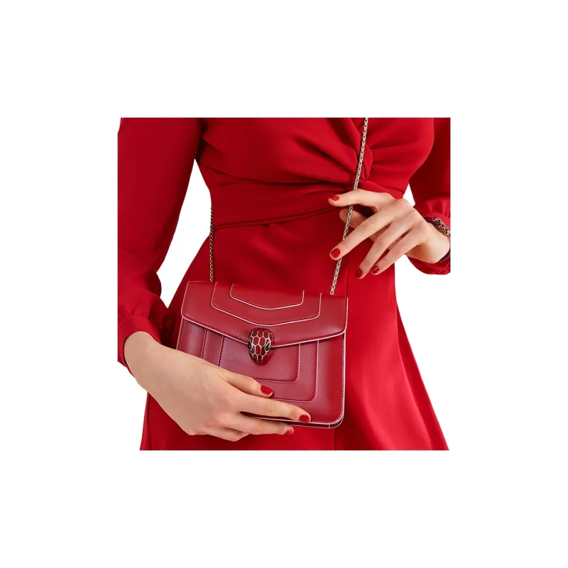 BVLGARI Serpenti Forever Series Cow Leather Chain Bag Crossbody Bag Shoulder Bag Women's Red-4