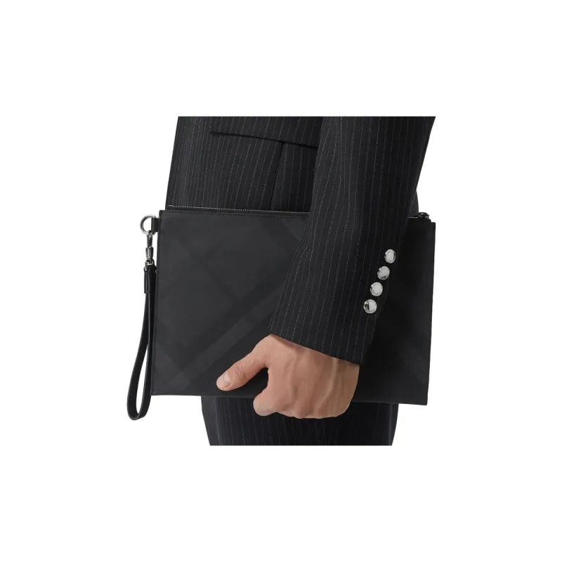 Burberry Cotton With Leather Detail Wrist Bag Clutch Regular Men's Dark Charcoal Gray-10