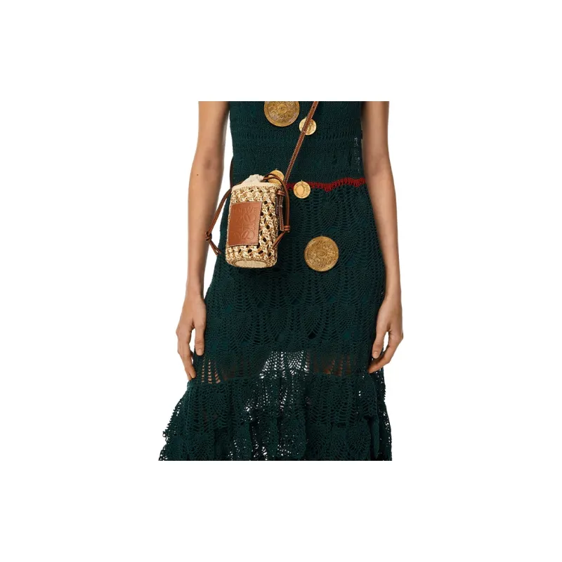 LOEWE Cylinder Pocket Calfskin With Palm Straw Bag Bucket Bag Shoulder Bag Crossbody Bag Women's Brown-4