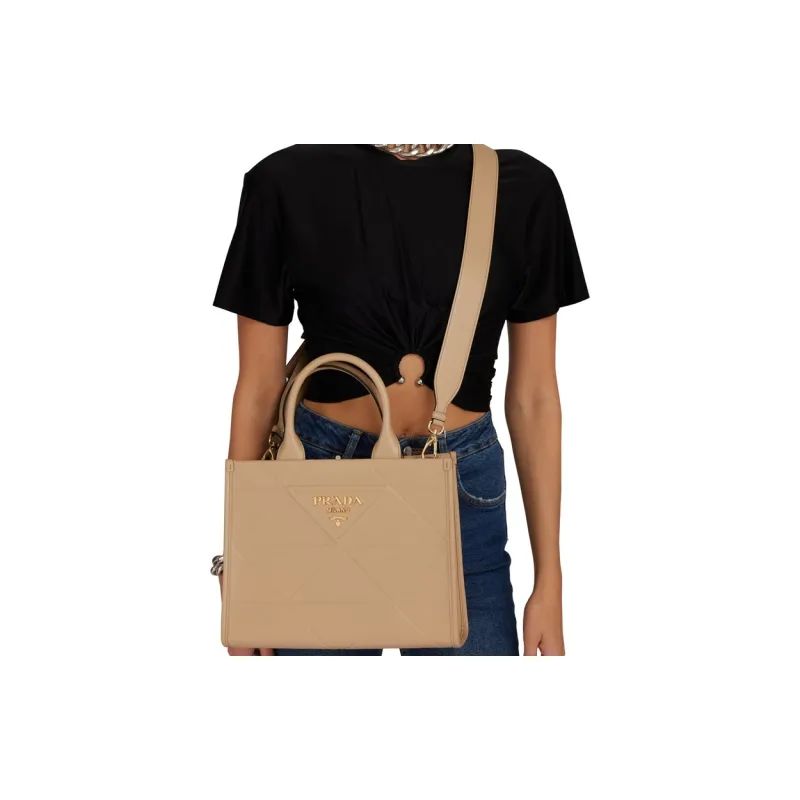 PRADA Leather Tote Bag Shopping Bag Handbag Medium Size Women's Beige Yellow-5