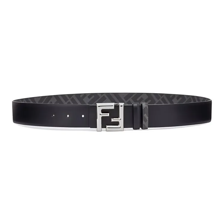 FENDI FF Logo Emblem Polyurethane Leather Belts Men's Black/Gray Width: 3.5cm-0
