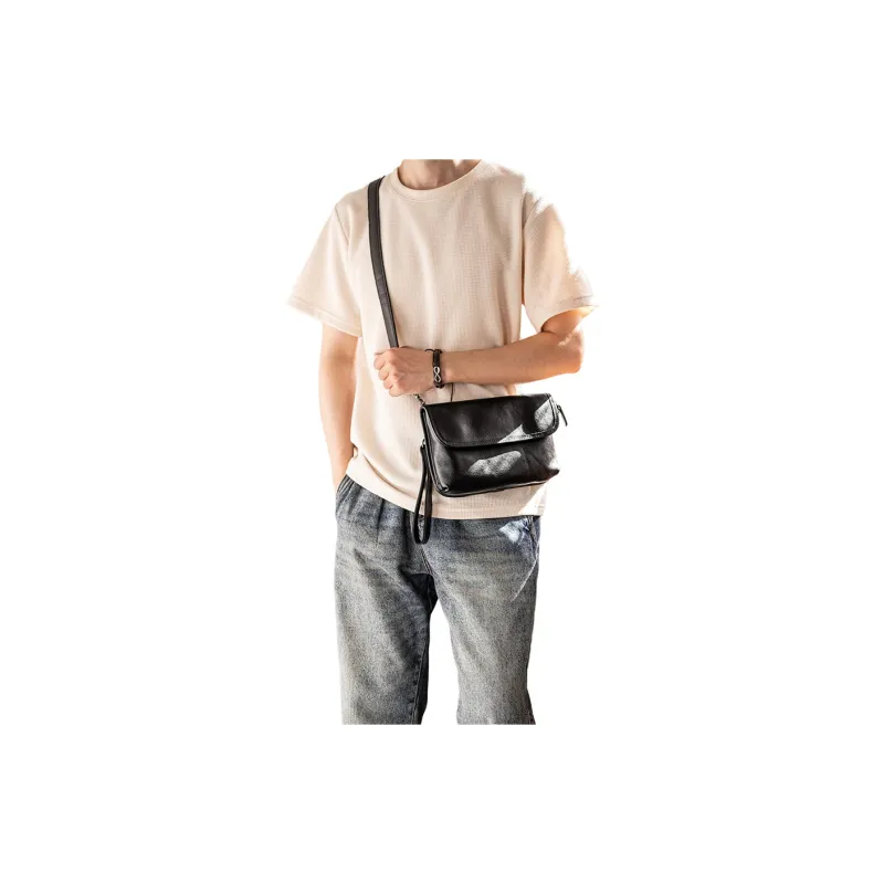 Back Step Top Grain Vegetable Tanned Cow Leather One Shoulder Crossbody Cell Phone Clutch Small Size Unisex Black-6