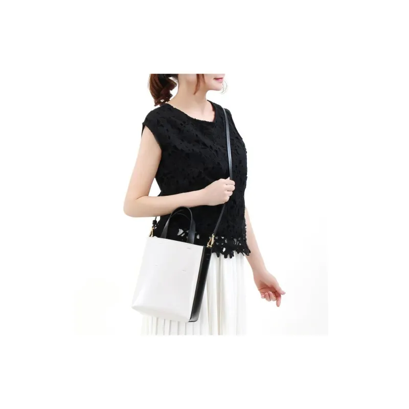 MARNI Calfskin Tote Bag, Shopping Bag, Crossbody Bag, Handbag Mini Women's White/Black-4