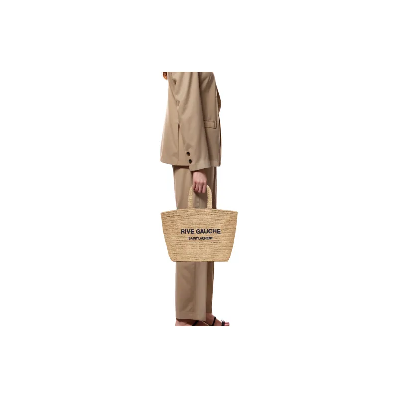 SAINT LAURENT Natural Woven Large Capacity Tote Bag Shopping Bag Women's Natural Linen/Black-4