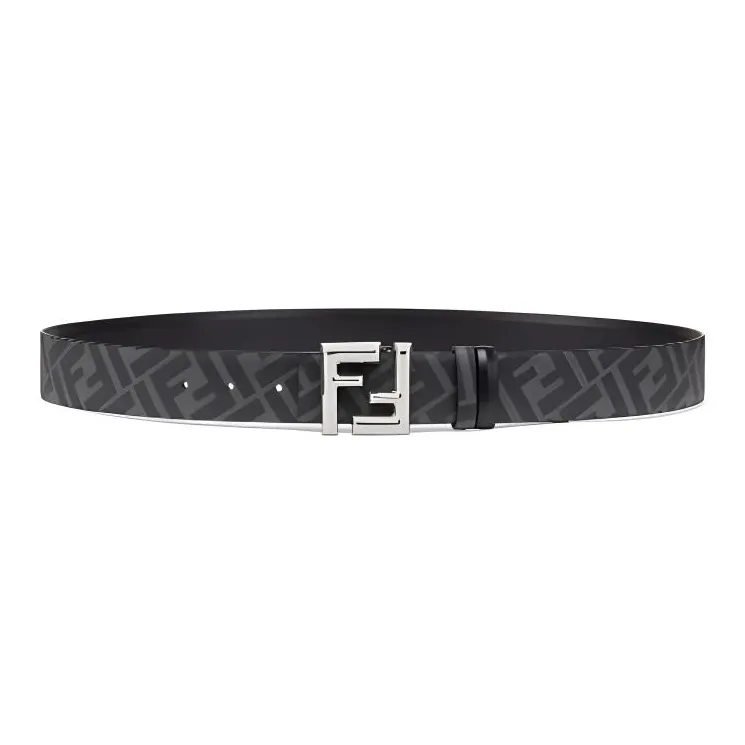 FENDI FF Logo Emblem Polyurethane Leather Belts Men's Black/Gray Width: 3.5cm-1