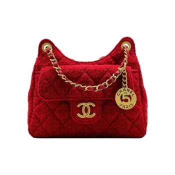 CHANEL HOBO Tmall Genie Wool Velvet With Metal Accents Handbag Shoulder Bag Crossbody Bag Small Size Women's Red