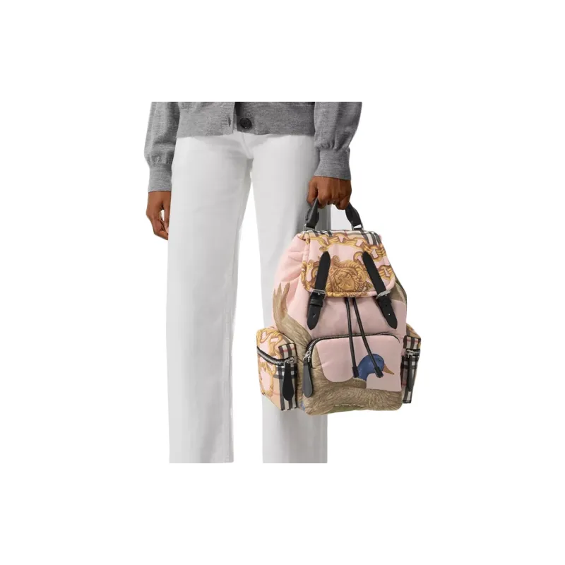 Burberry Calfskin Polyamide Backpack Medium Size Unisex Pink Print-5