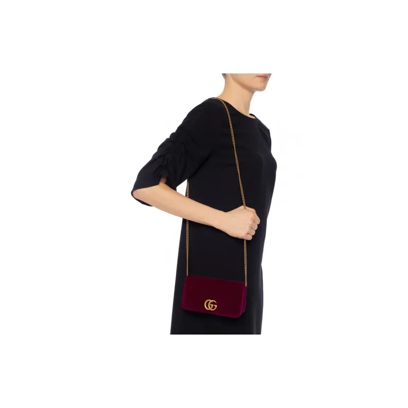 GUCCI Quilted Velvet Chain Shoulder Bag Crossbody Bag Mini Women's Burgundy-4
