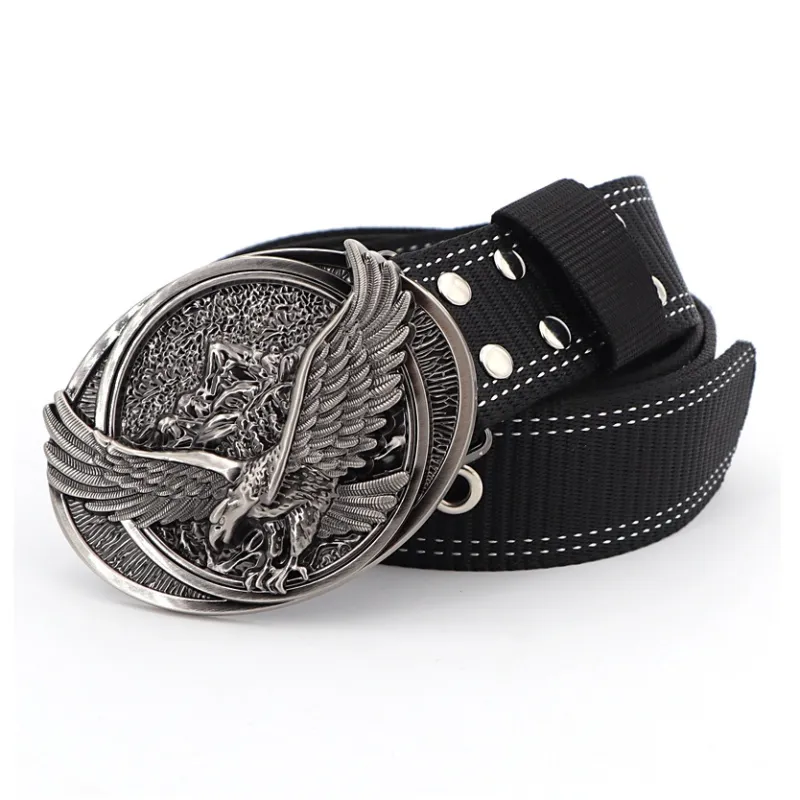 Mulinsen Punk Pin Buckle Large Stud Trendy Casual Jeans Belt Nylon Belt Unisex 3.8cm-1