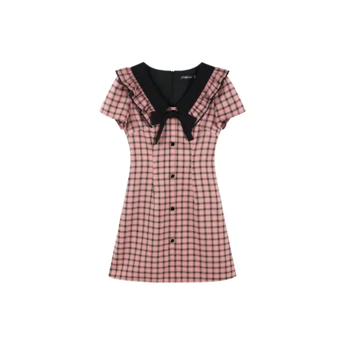 PALGLG Short-Sleeved Dresses Women's Pink Dress With Bowknot Detachable