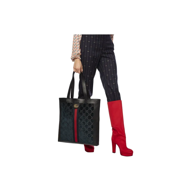 GUCCI Velvet With Leather Tote Bag Shopping Bag Shoulder Bag Handbag Medium Size Unisex Dark Blue/Black-4