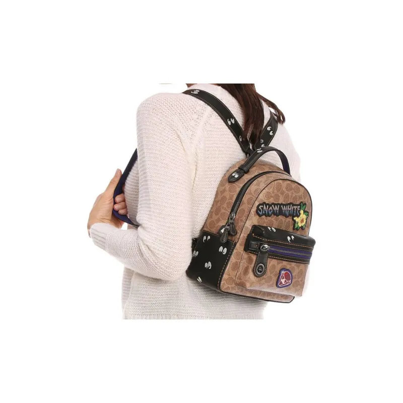 COACH X Disney Campus Antique Floral Coated Canvas With Leather Backpack Medium Size Women's Tan & Black-3