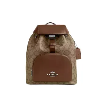 COACH Pacer Artificial Leather Cow Leather Patchwork Backpack Large Size Women's Khaki