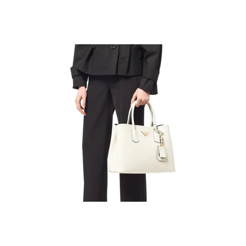 PRADA Double Leather Shoulder Bag Crossbody Bag Handbag Medium Size Women's White-4