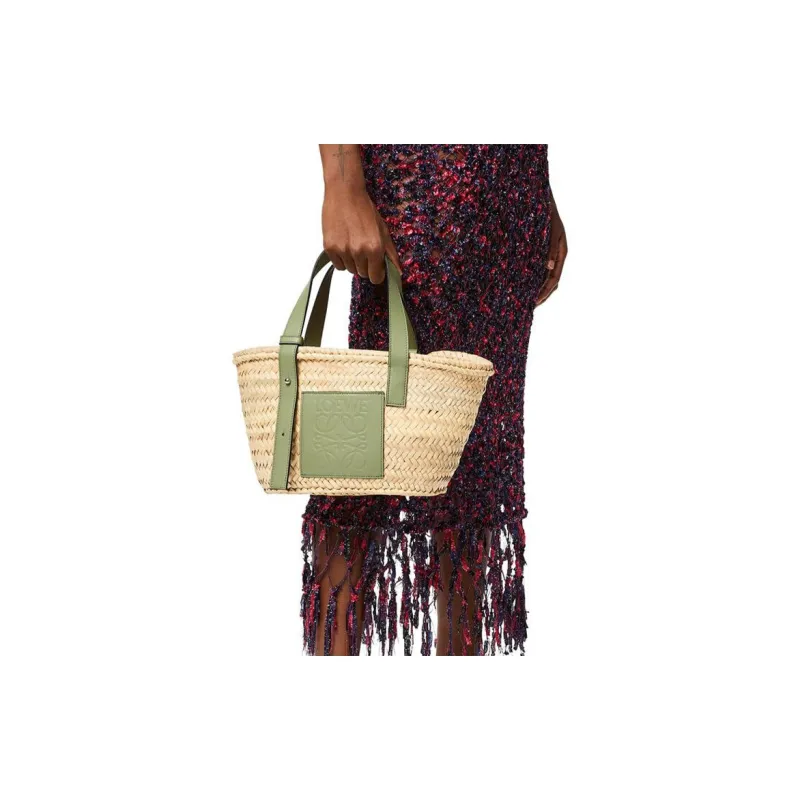 LOEWE Basket Palm Fiber Cow Leather Basket Bag Tote Bag Shopping Bag Handbag Small Size Women's Green-3