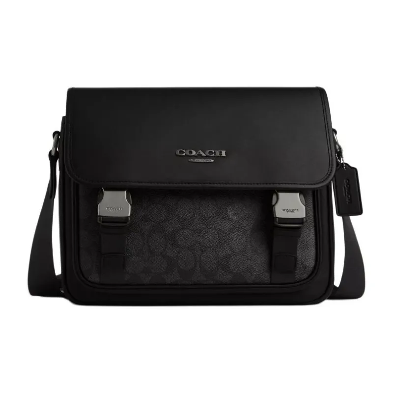 COACH Coated Canvas With Smooth Calfskin Messenger Bag, Shoulder Bag, Crossbody Bag Men's Charcoal Gray-0