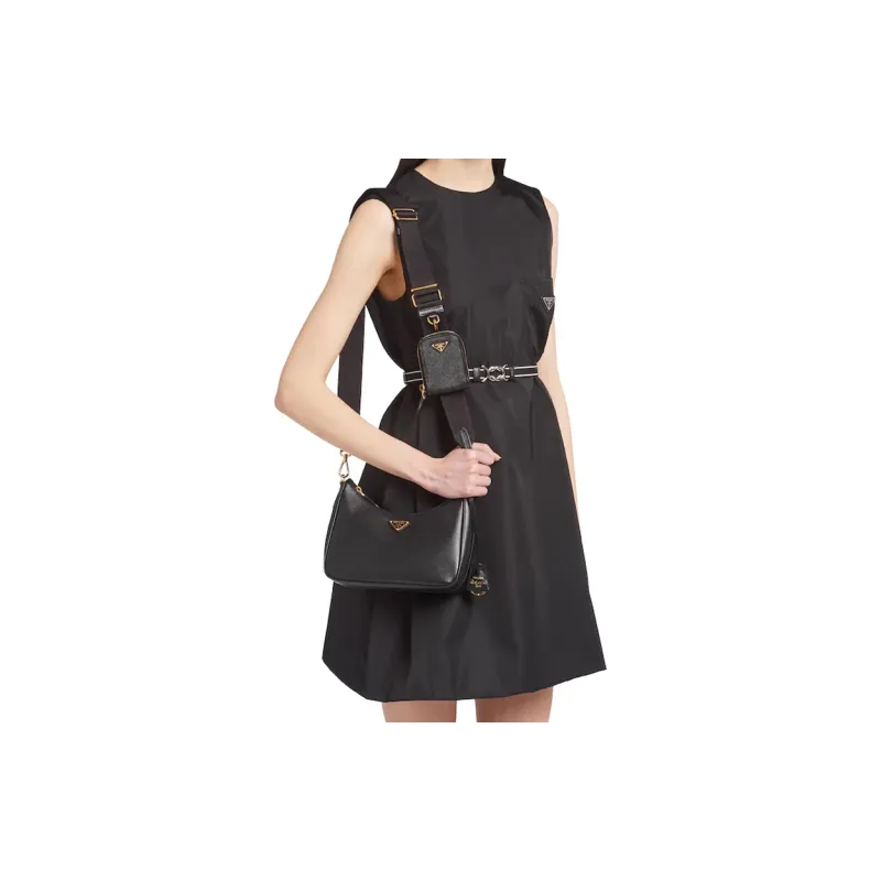 PRADA Re Edition Leather Shoulder Bag, Crossbody Bag, Handbag Women's Black/Gold-10