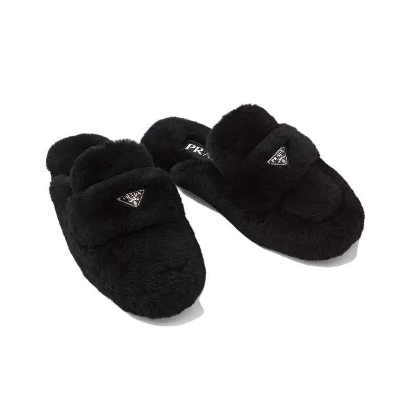 PRADA Triangle-logo Shearling Mules-2