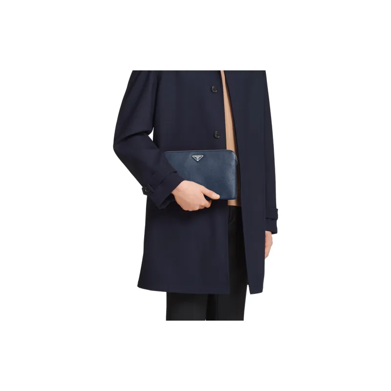 PRADA Saffiano Leather Clutch Men's Blue-3