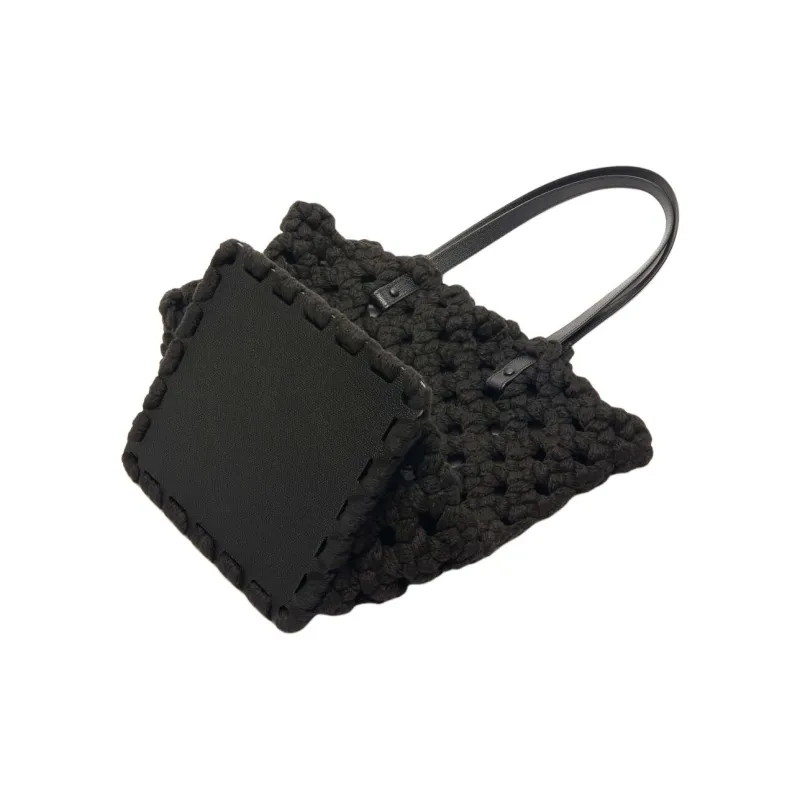Valextra Woven Fabric With Calfskin Tote Bag, Shopping Bag, Handbag Women's Black-2