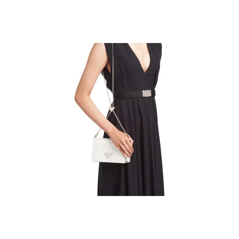 PRADA Leather Small Square Bag With Flap Shoulder Bag Crossbody Bag Women's White-3
