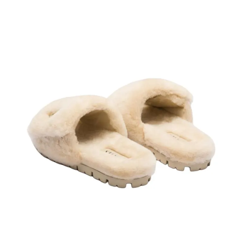 PRADA Triangle-logo Shearling Slides-3