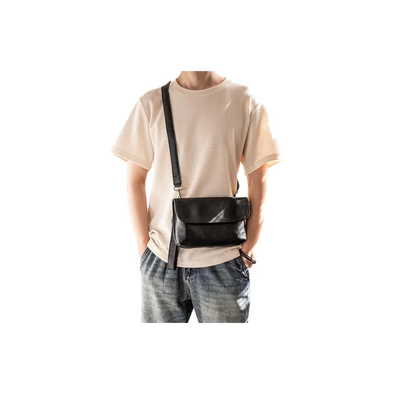 Back Step Top Grain Vegetable Tanned Cow Leather One Shoulder Crossbody Cell Phone Clutch Small Size Unisex Black-4