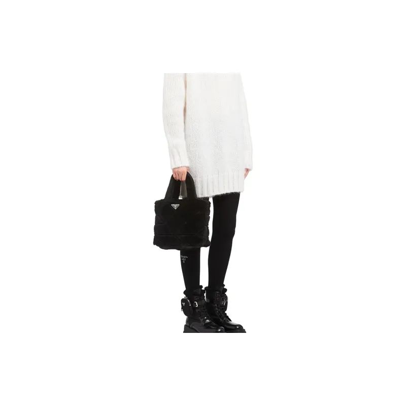 PRADA Shearling Tote Bag, Shopping Bag, Handbag Regular Women's Black-4