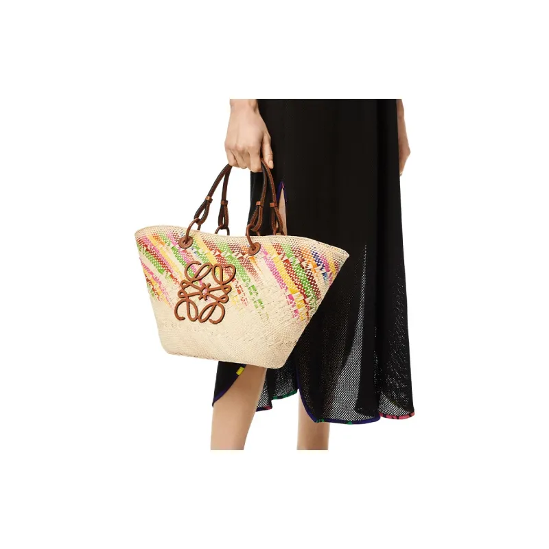 LOEWE Palm Fiber With Calfskin Basket Bag, Tote Bag, Shopping Bag, Shoulder Bag, Handbag Women's Multicolor-4