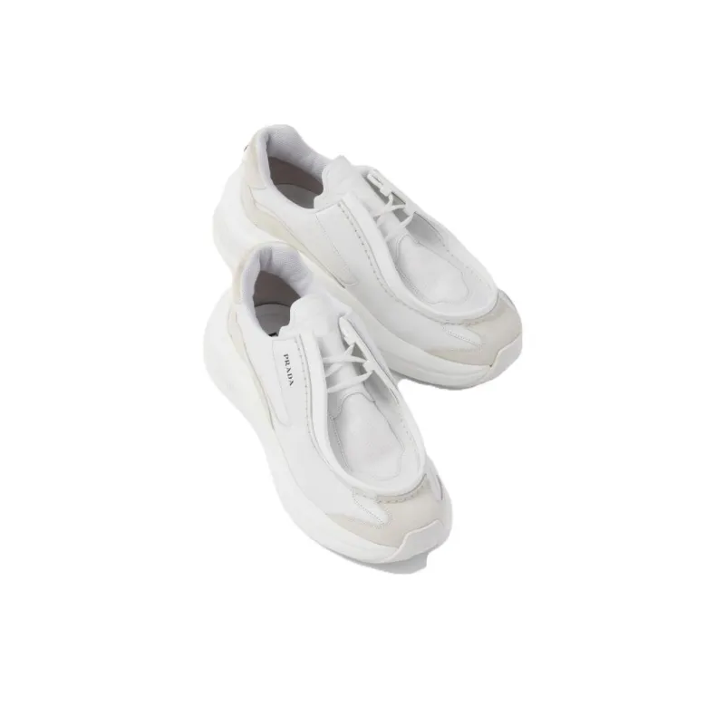 PRADA Brushed Leather Sneakers Bike Fabric Suede White-4