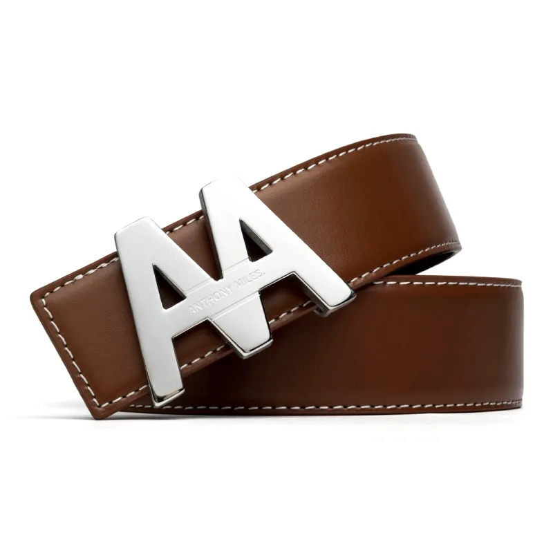 Anthony Miles Stainless Steel Plate Buckle Smooth Finish Top Grain Cow Leather Leather Belts Men's Yellow Brown 3.7cm-1