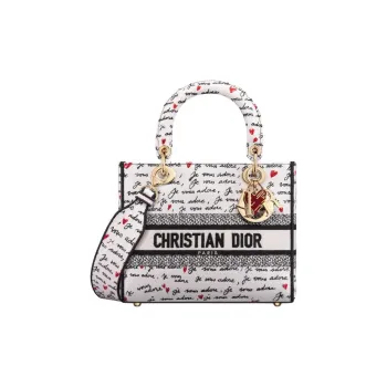 DIOR Lady D Lite Embroidery Tote Bag, Shopping Bag, Handbag Medium Size Women's White & Black