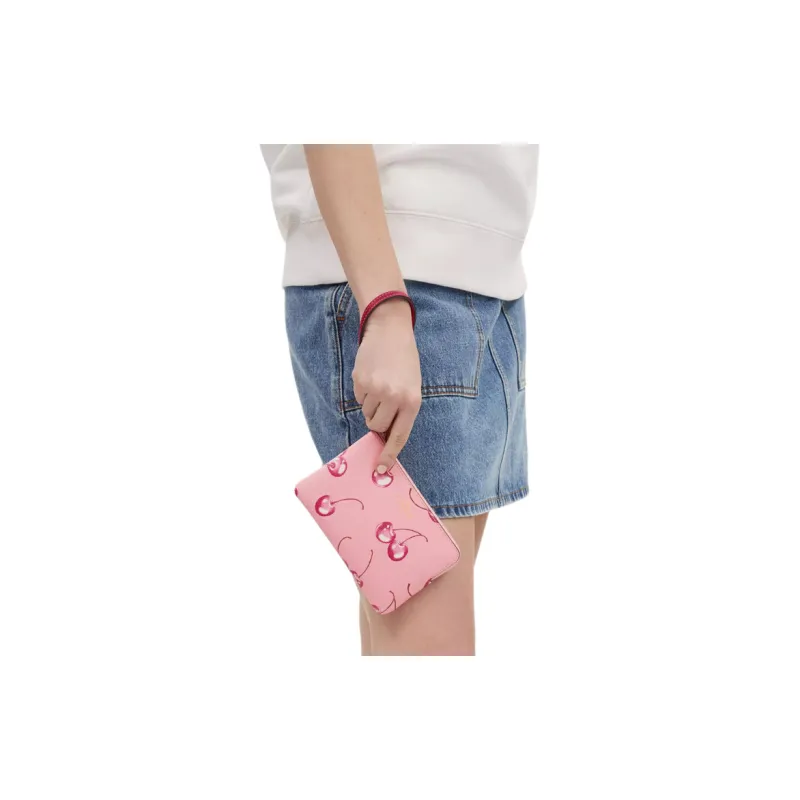 COACH Corner Zip Coated Canvas And Recycled Leather Wrist Bags Clutches Mini Women's Blossom Pink & Bright Purple-3