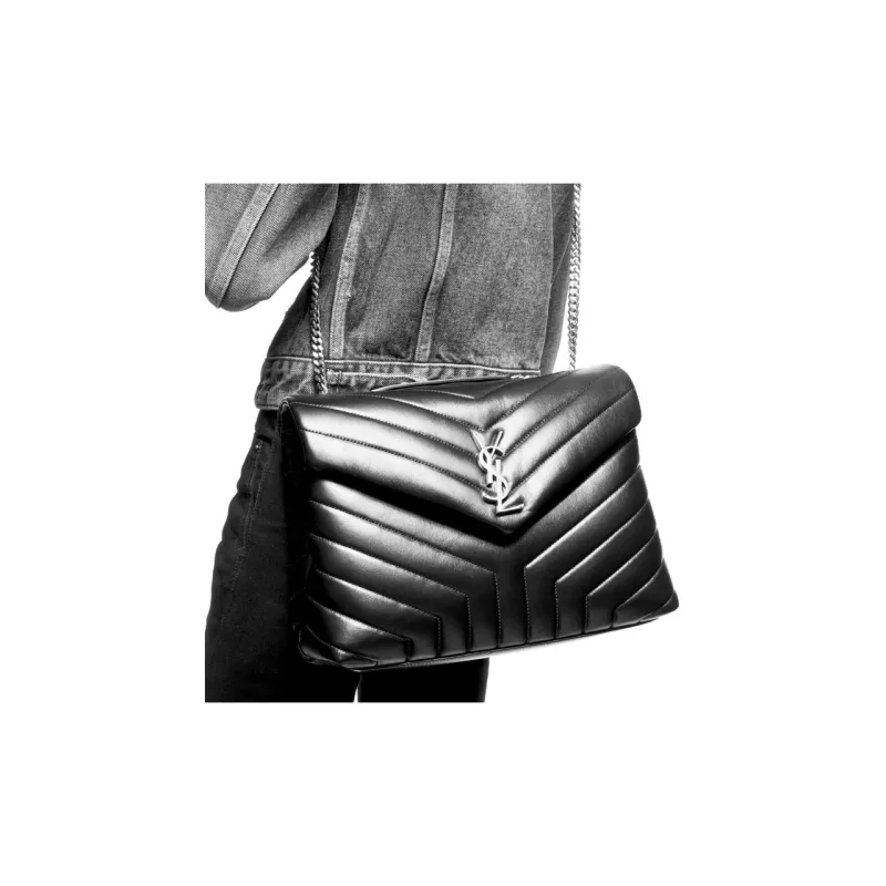 SAINT LAURENT LOULOU Quilted Leather Shoulder Bag, Crossbody Bag Medium Size Women's Black-6