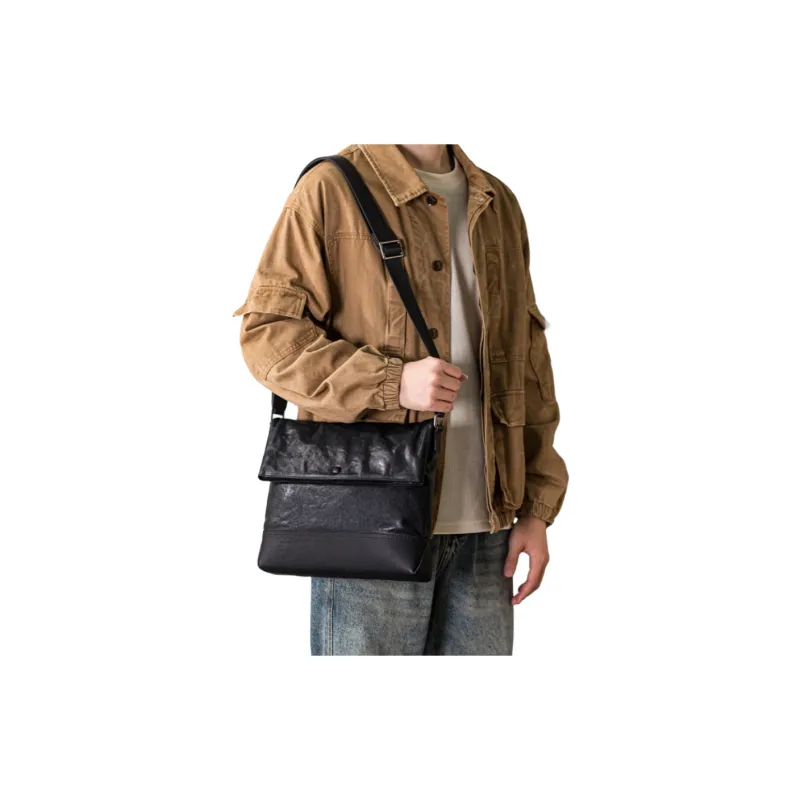 ROSEROOEN Top Grain Vegetable Tanned Cow Leather Shoulder Bag Crossbody Bag Regular Unisex Black-4