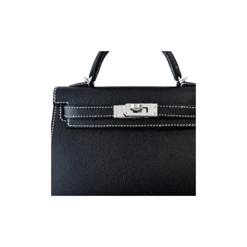 HERMES Mini Kelly 2nd Generation Epsom Leather Kelly Bag Handbags Women's White Thread Inner With Black-1