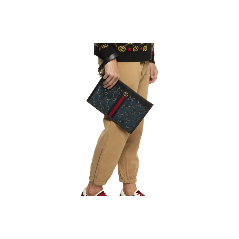 GUCCI Velvet Patchwork Leather Clutch Women's Dark Blue-6