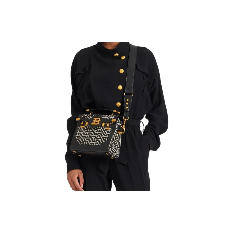 BALMAIN B-BUZZ Calfskin Jacquard Shoulder Bag Crossbody Bag Handbag Women's Black-4